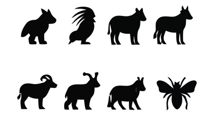 Fototapeta premium A set of black silhouettes featuring various animals, including a wolf, rooster, donkey, horse, goat, warthog, and fly, on a clean white background, ideal for design and educational purposes.