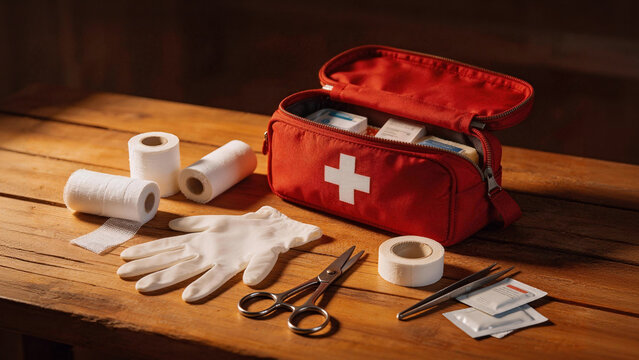 Red Cross first aid kit with medical supplies on wooden table for International Red Cross Day or PMI awareness.

