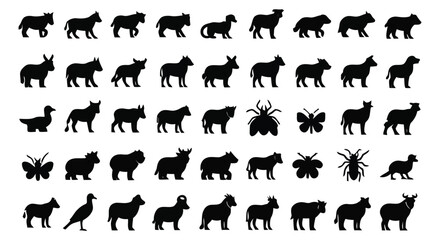 Fototapeta premium A detailed collection of black animal silhouettes on a white background, featuring various wildlife icons for design use.