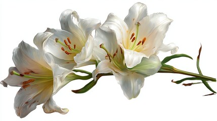 Obraz premium A beautiful bouquet of white lilies with green stems and vibrant orange stamens on a clean white background