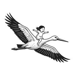 Fototapeta premium Little Girl Riding on a Flying Stork Sketch