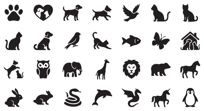 A collection of black animal silhouettes on a Transparent Background for design and illustration purposes