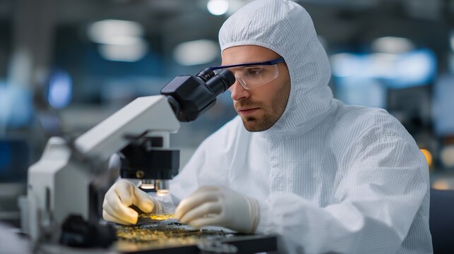 Semiconductor technician in full cleanroom bunny suit calibrating nanoscale chip wafers under stereo microscope with purple LED lighting, precision electronics manufacturing, perfect for tech