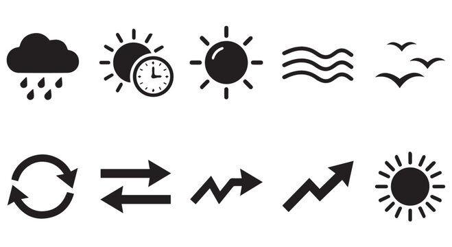 A collection of black weather and direction icons on a Transparent Background
