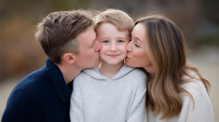 Fototapeta premium Happy family outdoors showing genuine affection toward their child, soft natural light and joyful expressions, outdoor family joy, affectionate family moment, outdoor family