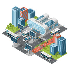 Obraz premium Isometric Smart City Intersection with Electric Vehicles and Infrastructure.