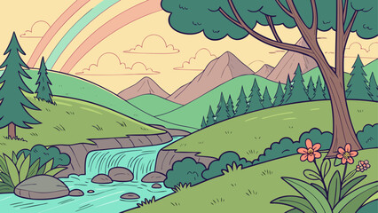 Obraz premium Vector illustration of a serene landscape with rainbow, mountains, and waterfall