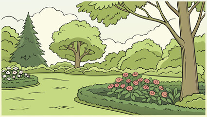 Fototapeta premium Cartoon park, green landscape, trees and flowers, outdoor scenery, illustration