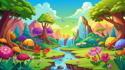 Obraz premium Vector illustration of a colorful cartoon landscape with trees, flowers, and waterfall
