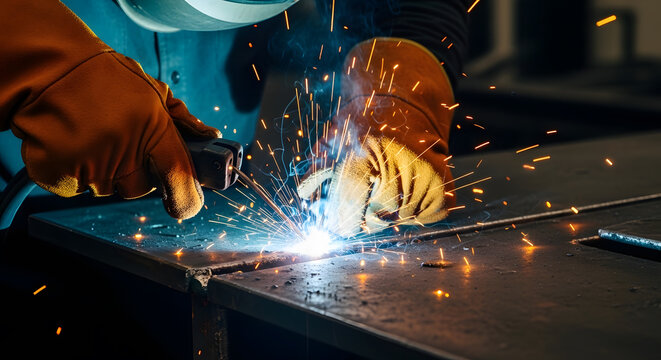 professional welder working in factory | industrial metal fabrication process | close up of welding arc with sparks | heavy duty metalwork construction site | manual arc welding with safety equipment