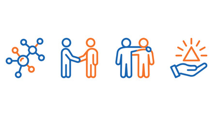 Fototapeta premium A graphic illustration representing teamwork, partnership, and support with interconnected people icons in blue and orange.