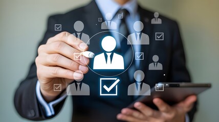 Naklejka premium HRM or Human resource management concept, Businessman use laptop with human icons for recruitment and team building. Customer Relationship Management, customer network technology.