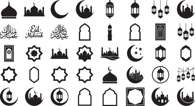 Ramadan and Eid Mubarak Islamic Icons Set &ndash; Mosque, Crescent Moon, Lantern, Arabic Calligraphy, Prayer Mat and Islamic Decorative Symbols