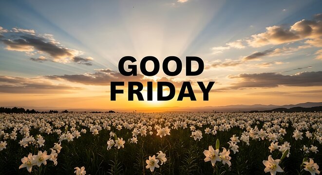 A field of white flowers with a good friday message at sunrise