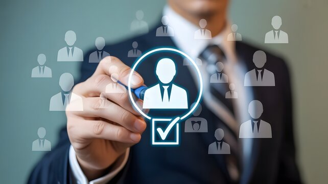 HRM or Human resource management concept, Businessman use laptop with human icons for recruitment and team building. Customer Relationship Management, customer network technology.