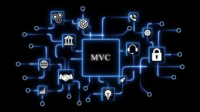 Modern Digital Network Concept with M V C Central Node and Various Technology Connected by Blue Glowing Lines