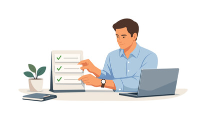 Man checking off tasks on a clipboard with a laptop and plant nearby. A focused man reviews a checklist with completed items, symbolizing productivity and task management in a