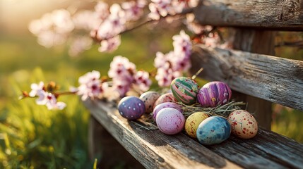 Obraz premium A collection of colorful Easter eggs on a wooden bench in a garden with blooming flowers