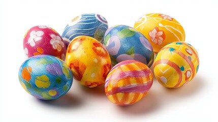 Fototapeta premium A collection of colorful Easter eggs with vibrant patterns and designs on a white background