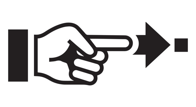 A black and white icon of a hand pointing to the right with an arrow