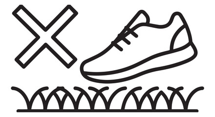 A black and white illustration of a shoe with a large X and grass.