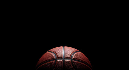 Fototapeta premium Professional basketball on black background | Close up of basketball texture and seams | Sports equipment macro photography | Dramatic lighting basketball isolated on black