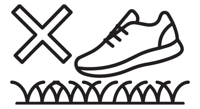 A black and white illustration of a shoe with a large X and grass.