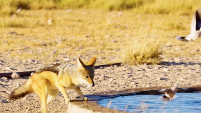 Cunning and clever jackal Catching a bird around a waterhole in Savanah.