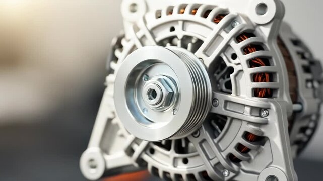 A close-up view of an automobile's internal mechanism, showcasing a metallic alternator with a pulley, copper wiring, and various structural components