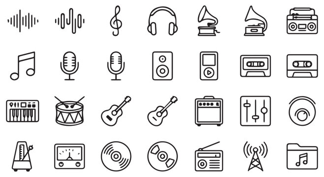 A collection of black and white music icons on a clean Transparent Background