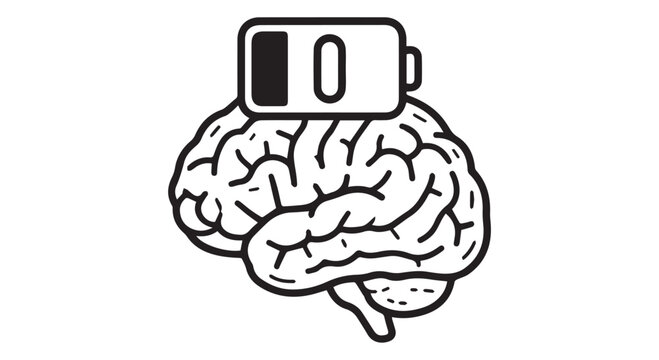 An illustration of a brain with a low battery symbol on top, representing mental exhaustion.