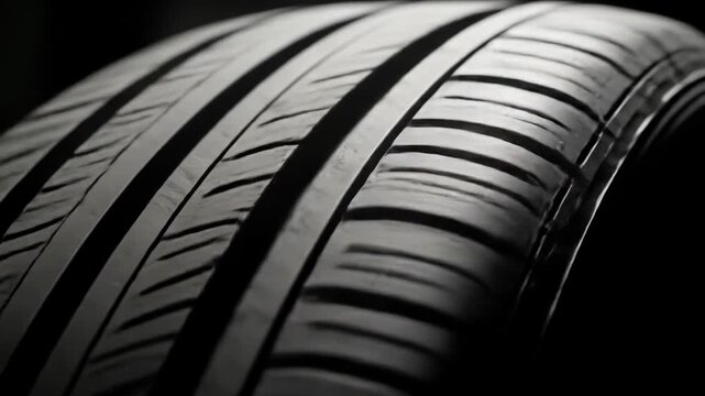 A close-up, grayscale photograph showcasing the detailed tread pattern of a vehicle tire against a dark background