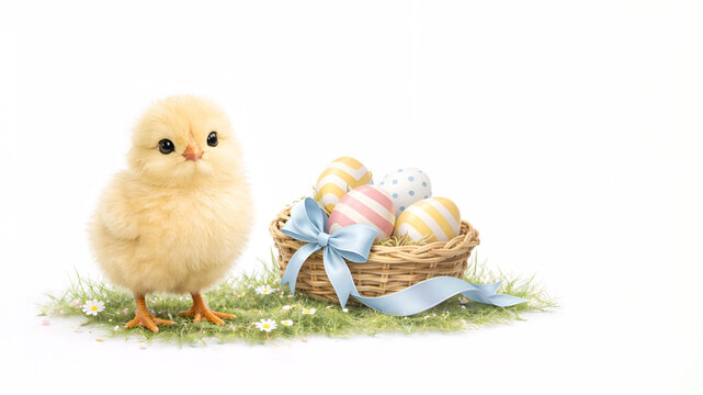 Minimal Easter greeting card , fluffy baby yellow chick and basket of pastel Easter eggs with a ribbon on a clean white background with  Large copy space for message or branding.