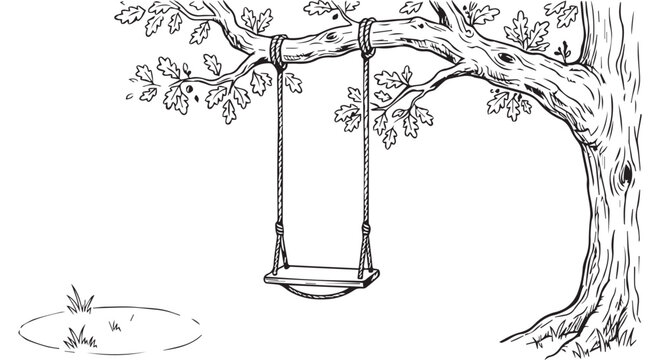 A simple swing hanging from a tree branch over a small patch of grass