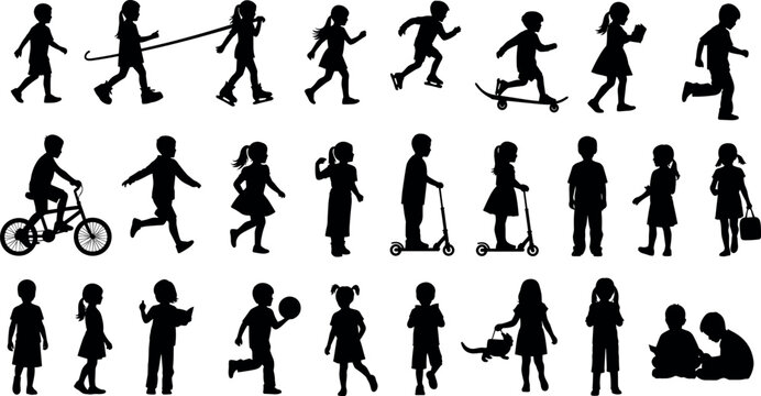 Children silhouette vector illustration with playful activities, walking, running, jumping, cycling, scooters, reading, playing, outdoor fun, childhood lifestyle scene