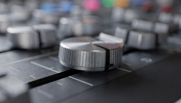 Detailed look at rotary encoders and sliders on a digital console with blurred background showcasing professional audio mixing workflow.