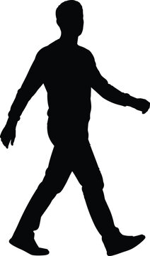 Walking person silhouette illustration in profile view, casual clothing, pedestrian activity, human motion, lifestyle design, vector art for signage