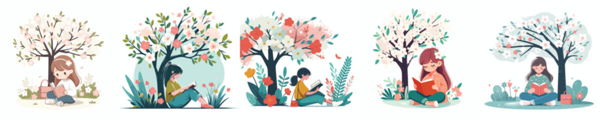 vector of a little girl sitting leaning against a tree reading a book in spring