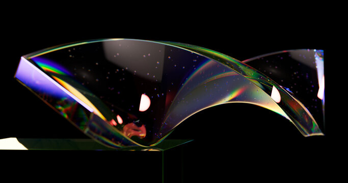 Luxury 3D Abstract Glass Sculpture with Spectral Dispersion. Elegant Crystal Shape with Rainbow Light Refraction on Dark Background.
