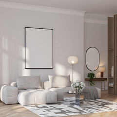 Modern Living Room Poster Frame Mockup with Natural Light and Minimalist Decoration. 3D render.