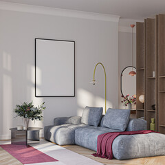 Modern Living Room Poster Frame Mockup with Natural Light and Minimalist Decoration. 3D render.