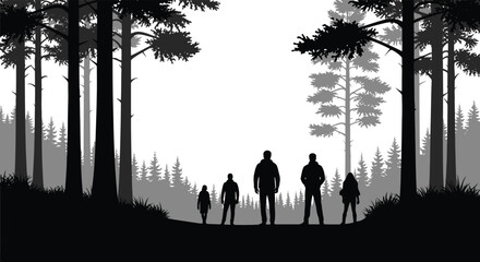 A family stands amongst tall trees in a dark forest creating a striking minimalist silhouette high quality professional detailed modern elegant © CreativeAkash099