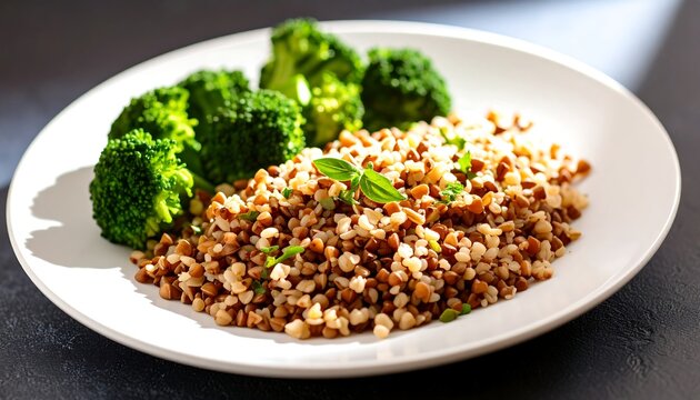 Buckwheat and broccoli, a simple meal on a white plate, dark surface