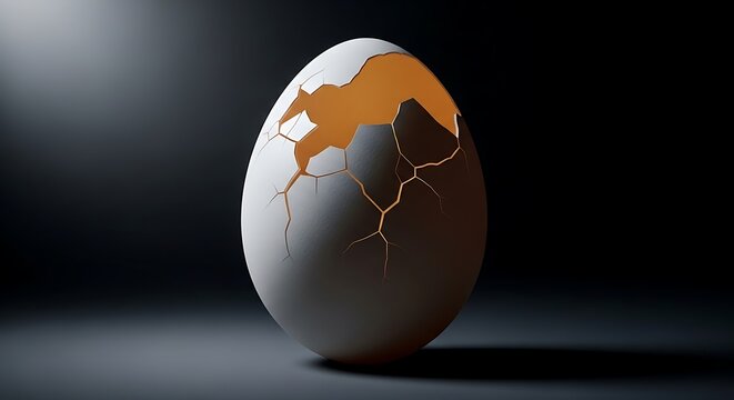 Cracked egg shell with orange and white fragmentation