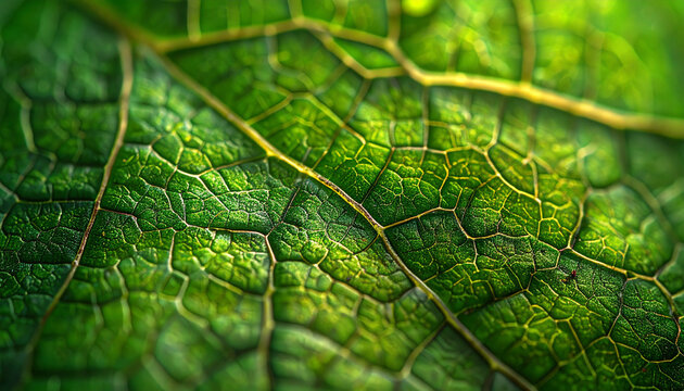 Close up of a vibrant green leaf revealing detailed vein structure