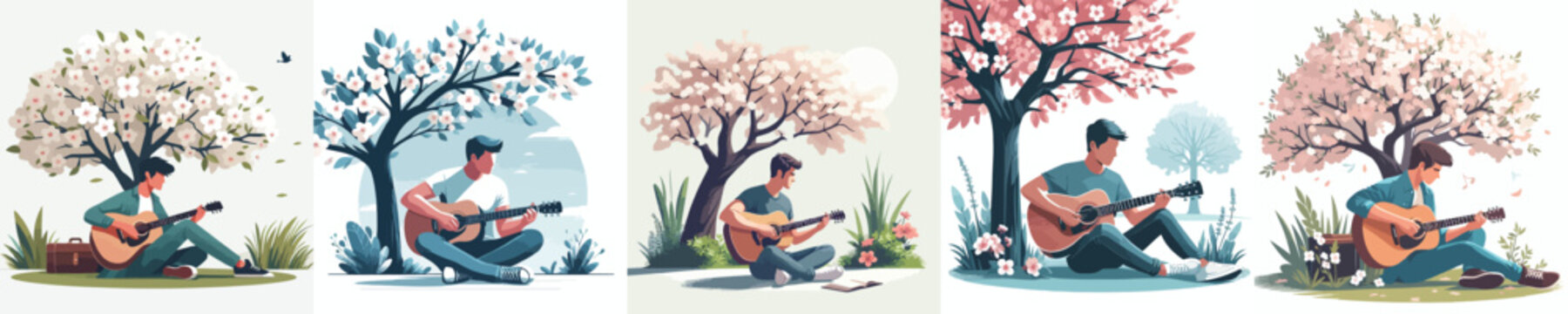 vector of a enjoy man sitting on tree playing guitar in spring