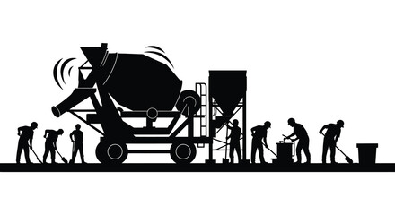 A striking black silhouette depicts construction workers and machinery including a cement mixer actively working on a site silhouette high quality © GDOthoi02