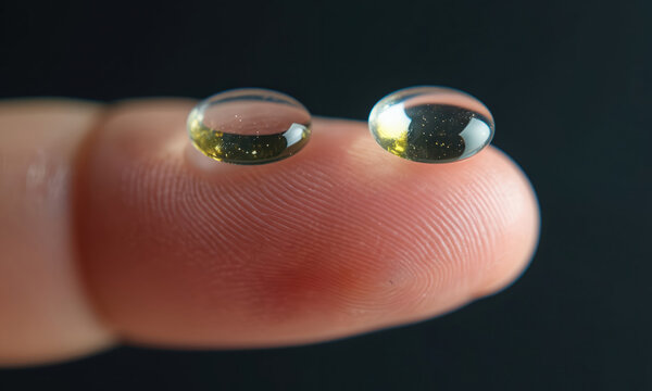 Two small clear intraocular lenses sit on a fingertip against a dark background. These medical devices are used in eye surgery to replace the natural lens.