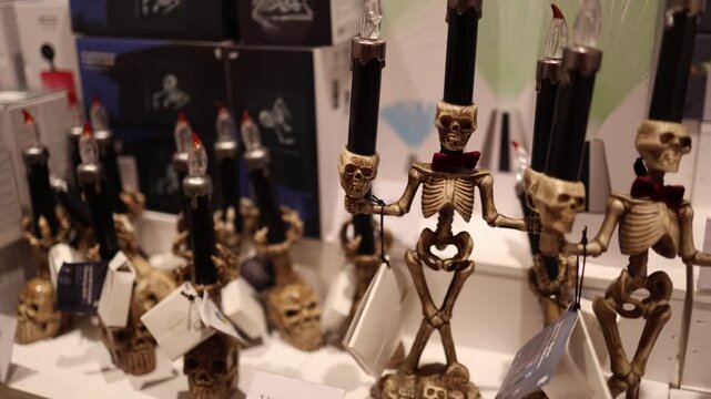 Skeleton shaped candle holders arranged on retail store shelf creating spooky halloween decoration concept festive seasonal shopping atmosphere and dark gothic style decor