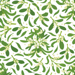 Seamless floral pattern of vibrant green mistletoe with white berries